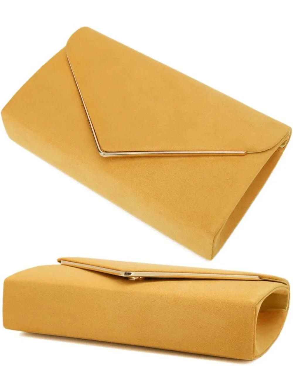 👜 Women's Mustard Faux Suede Clutch Bag Elegant Metal Binding Evening Purse